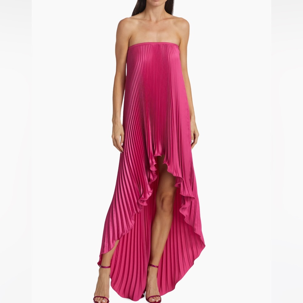 NWT! L'Idée Les Éléments Feminite Pleated Satin High-Low Strapless Dress